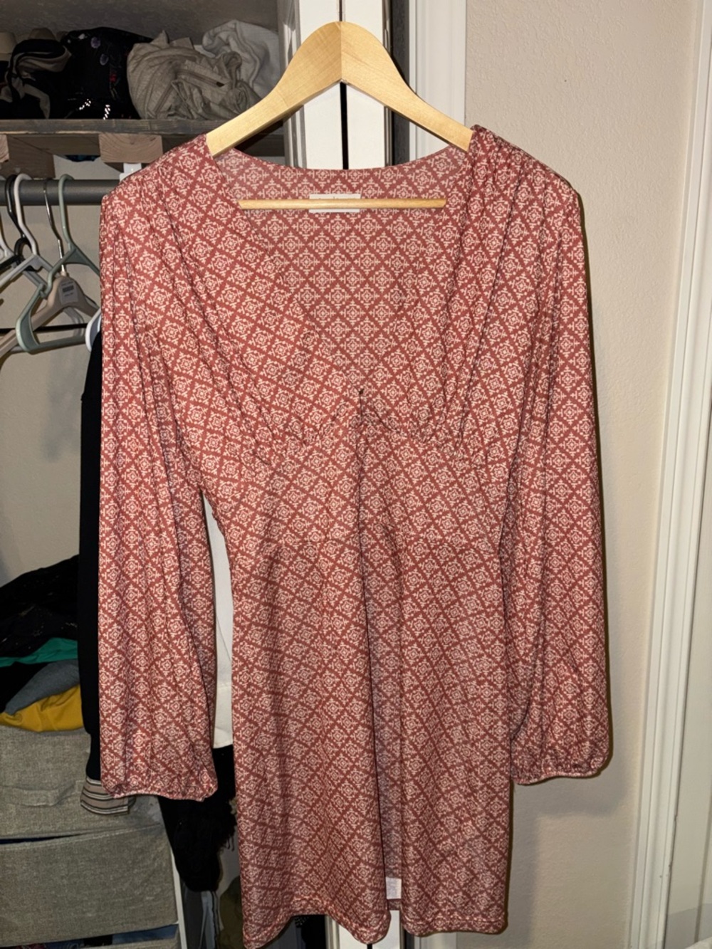 Boho Long-Sleeve V-Neck Dress - Dusty Rose